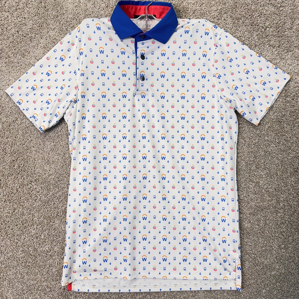 Greyson Polo Shirt Mens Small WM Phoenix Open White Blue Logo Print EUC
